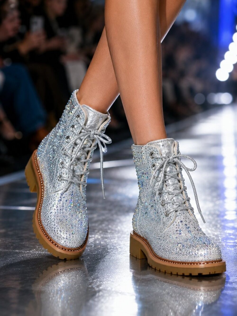 Nib Wonder Sparkling Rhinestone Combat Ankle Boots Metallic Silver Multicolor